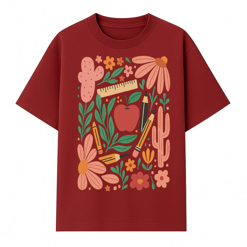 Back to School Art Print, Colorful Classroom Decor, Floral and Cactus Design, Apple, Pencils and Flowers, Nursery Wall Art - T-shirt 1758093364502.jpg
