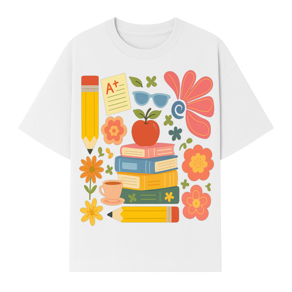 Back to School Art Print - Colorful Books, Apple, Pencils, Flowers, A+ Note - Classroom Decor, Study Zone, Education Gift - T-shirt 1758093364564.jpg