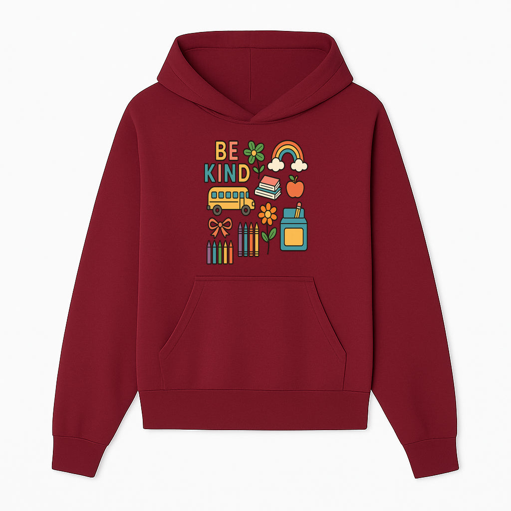 Be Kind Back to School Art Print with Rainbow, Flower, Bus, Crayons, Books, Apple - Classroom Decor for Kids - Hoodie 1758093364604.jpg