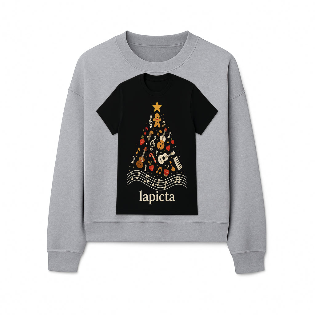 Music-Themed Christmas Tree T-Shirt, Musical Notes & Gingerbread Design, Holiday Apparel for Music Lovers, Casual Festive Tee - Sweatshirt 1758093364620.jpg