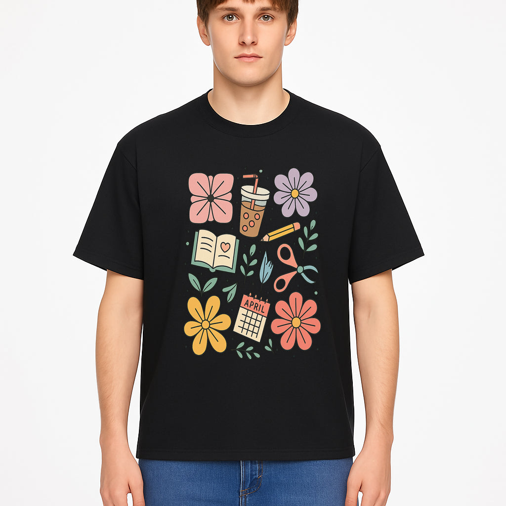 Colorful Spring Doodles Print - Flowers, Book, Scissors, Calendar - April Theme - Cute Stationery Decor - Wall Art for Home or Office - T-shirt 1758093364628.jpg