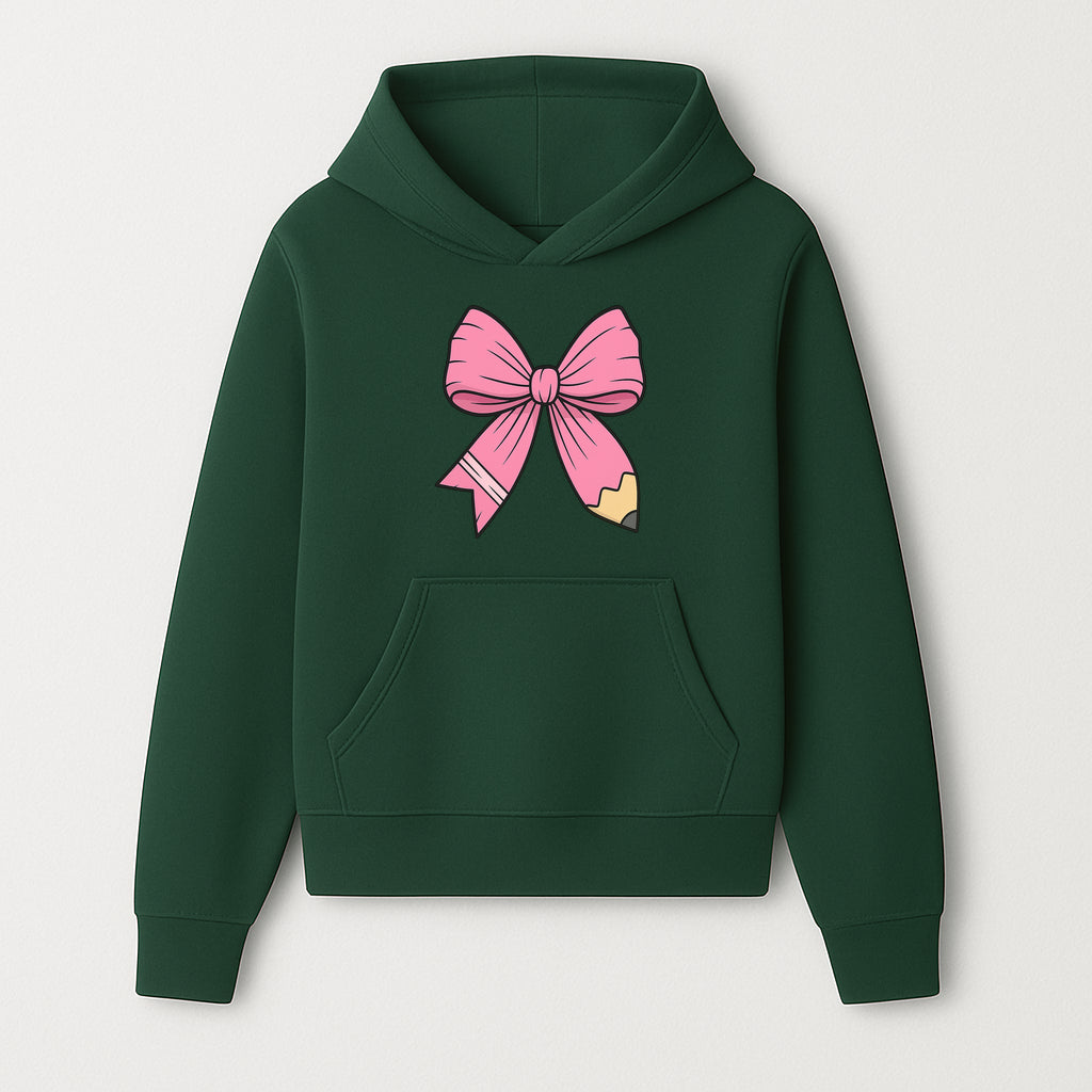 Pink Bow with Pencil Design, Cute Stationery Decor, Gift for Teachers, School Supplies, Arts and Crafts, Kawaii Aesthetic Accessories - Hoodie 1758093364638.jpg