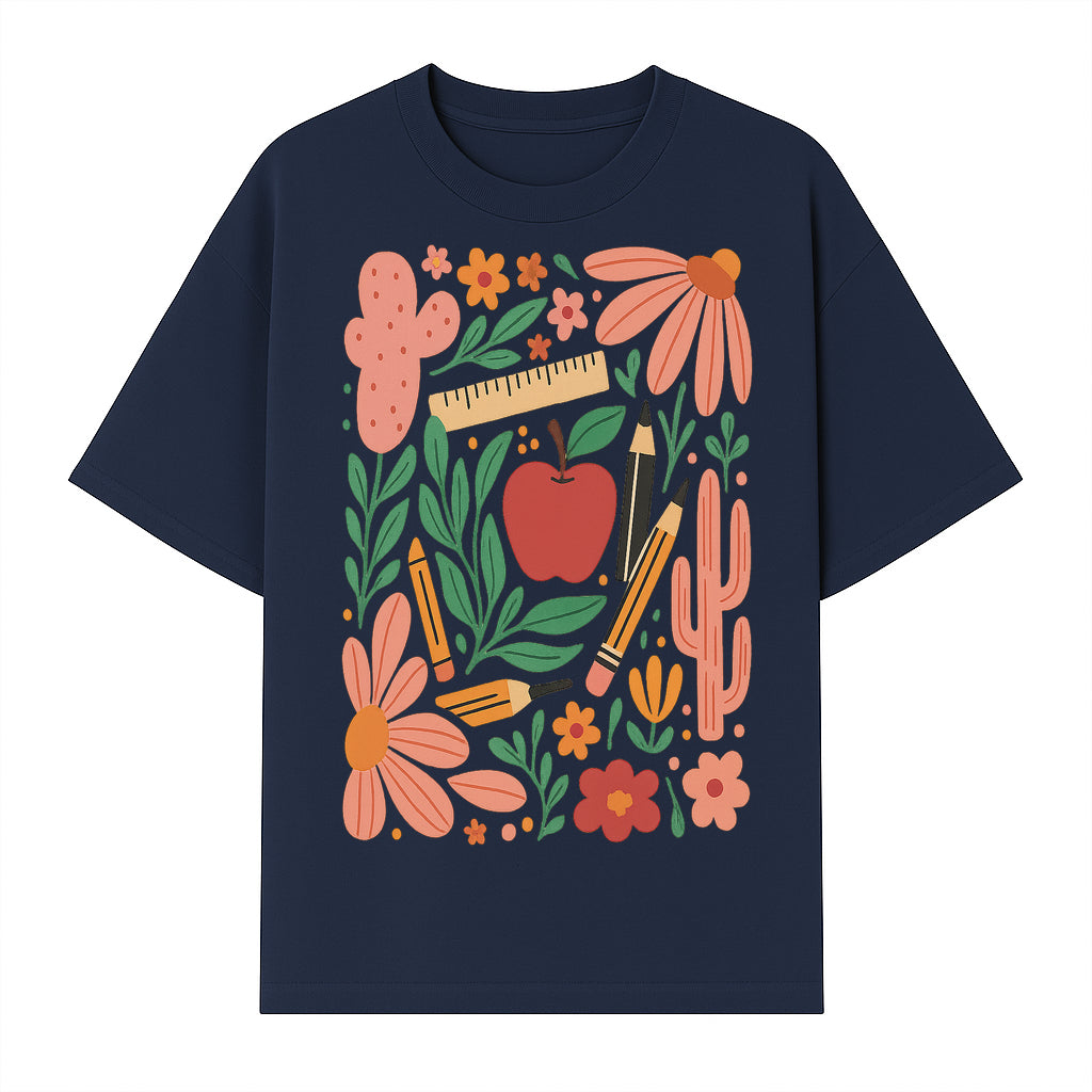 Back to School Art Print, Colorful Classroom Decor, Floral and Cactus Design, Apple, Pencils and Flowers, Nursery Wall Art - T-shirt 1758093364655.jpg