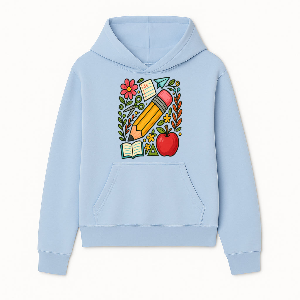 Colorful School Supplies Illustration Pencil, Apple, Flowers, Book and A+ Note Cute Educational Art Print for Classroom Decor - Hoodie 1758093364671.jpg