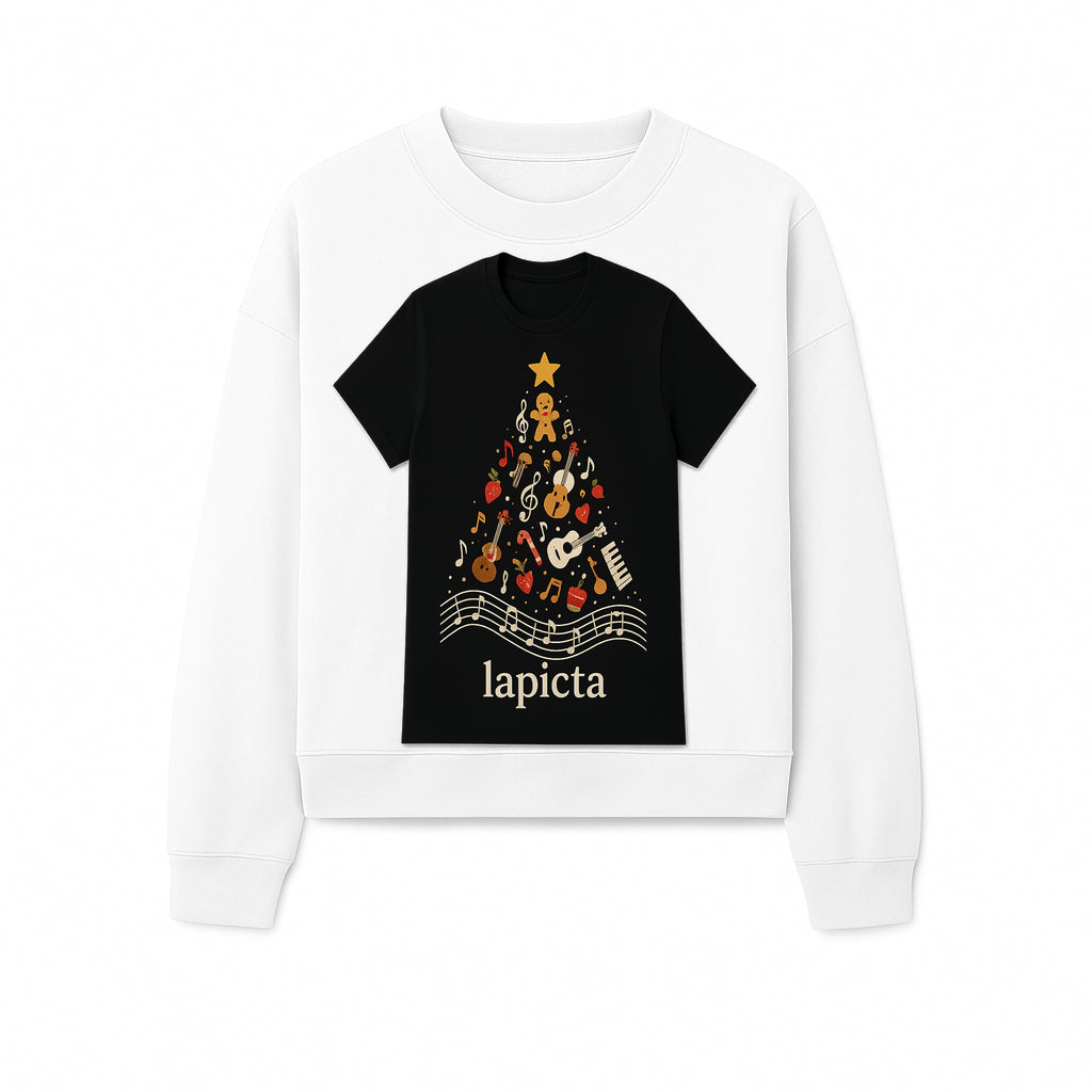 Music-Themed Christmas Tree T-Shirt, Musical Notes & Gingerbread Design, Holiday Apparel for Music Lovers, Casual Festive Tee - Sweatshirt 1758093364763.jpg