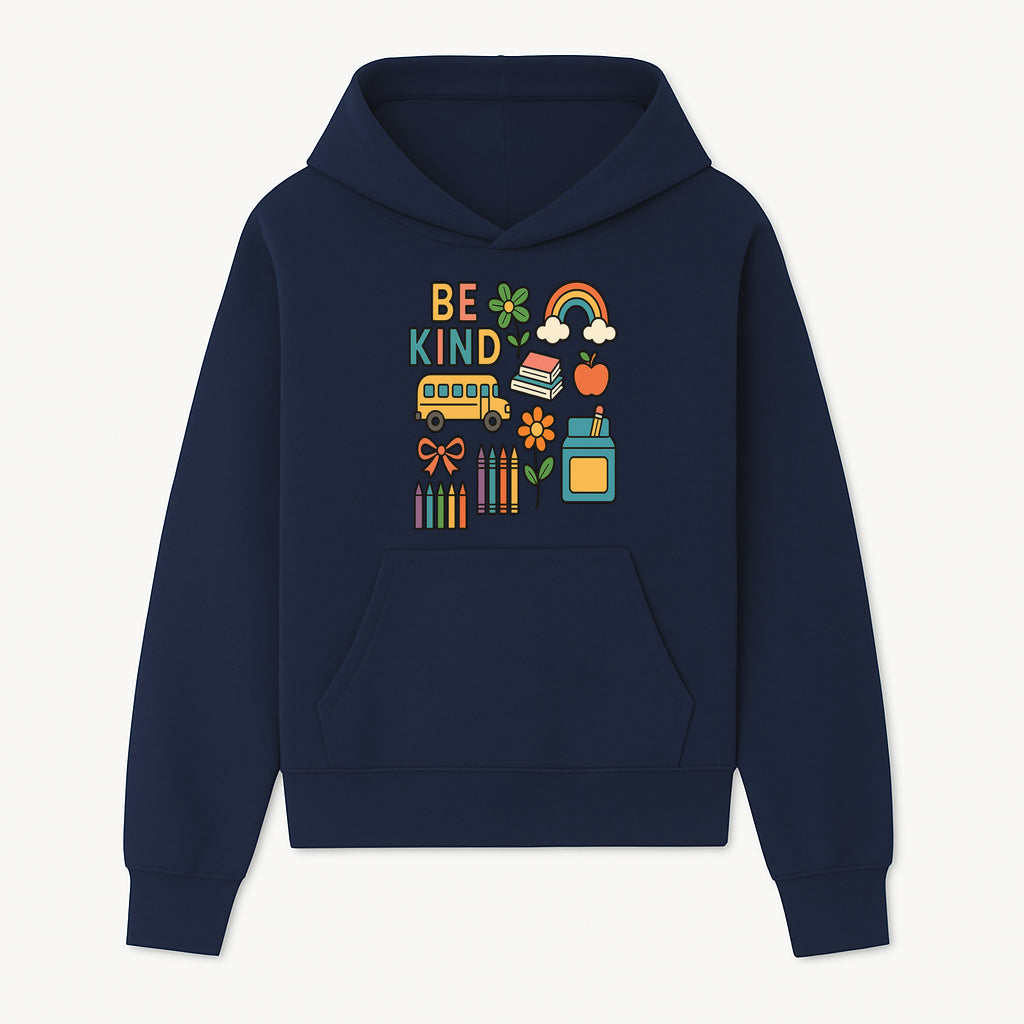 Be Kind Back to School Art Print with Rainbow, Flower, Bus, Crayons, Books, Apple - Classroom Decor for Kids - Hoodie 1758093364781.jpg