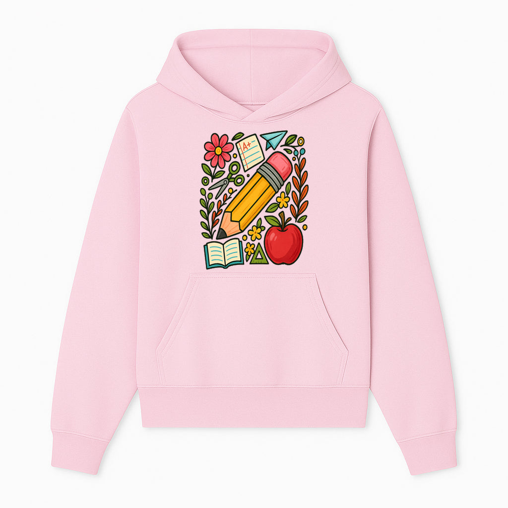 Colorful School Supplies Illustration Pencil, Apple, Flowers, Book and A+ Note Cute Educational Art Print for Classroom Decor - Hoodie 1758093364834.jpg