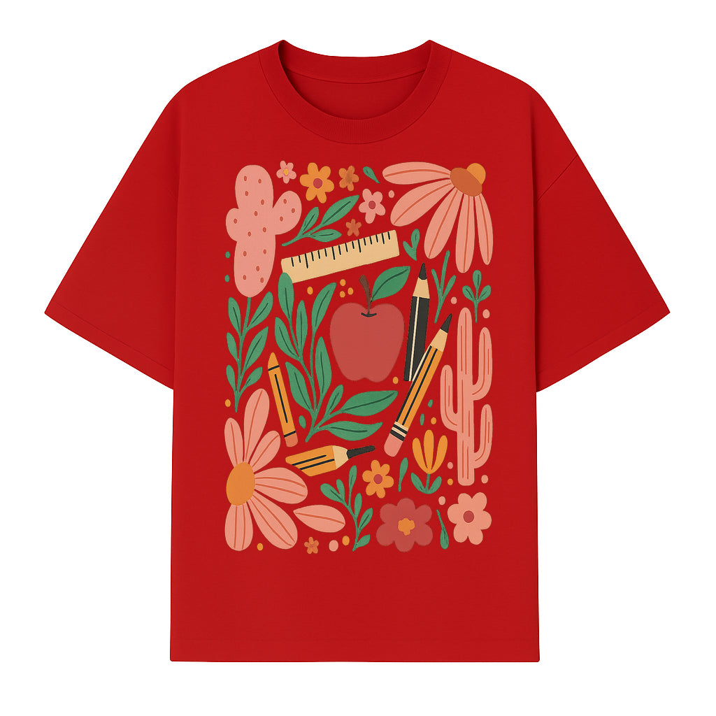 Back to School Art Print, Colorful Classroom Decor, Floral and Cactus Design, Apple, Pencils and Flowers, Nursery Wall Art - T-shirt 1758093364840.jpg