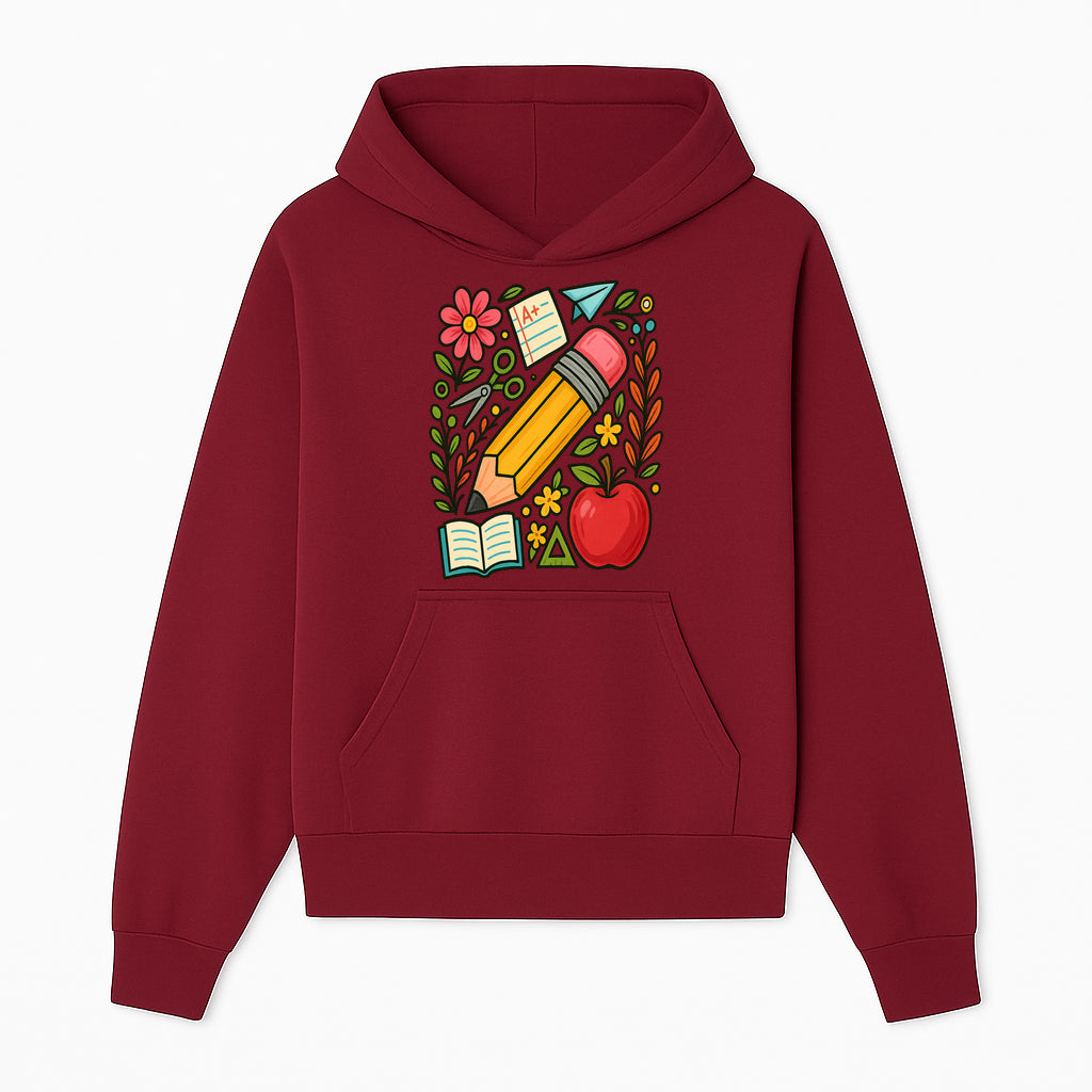 Colorful School Supplies Illustration Pencil, Apple, Flowers, Book and A+ Note Cute Educational Art Print for Classroom Decor - Hoodie 1758093365001.jpg