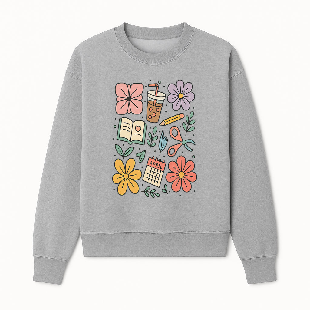Colorful Spring Doodles Print - Flowers, Book, Scissors, Calendar - April Theme - Cute Stationery Decor - Wall Art for Home or Office - Sweatshirt 1758093365030.jpg