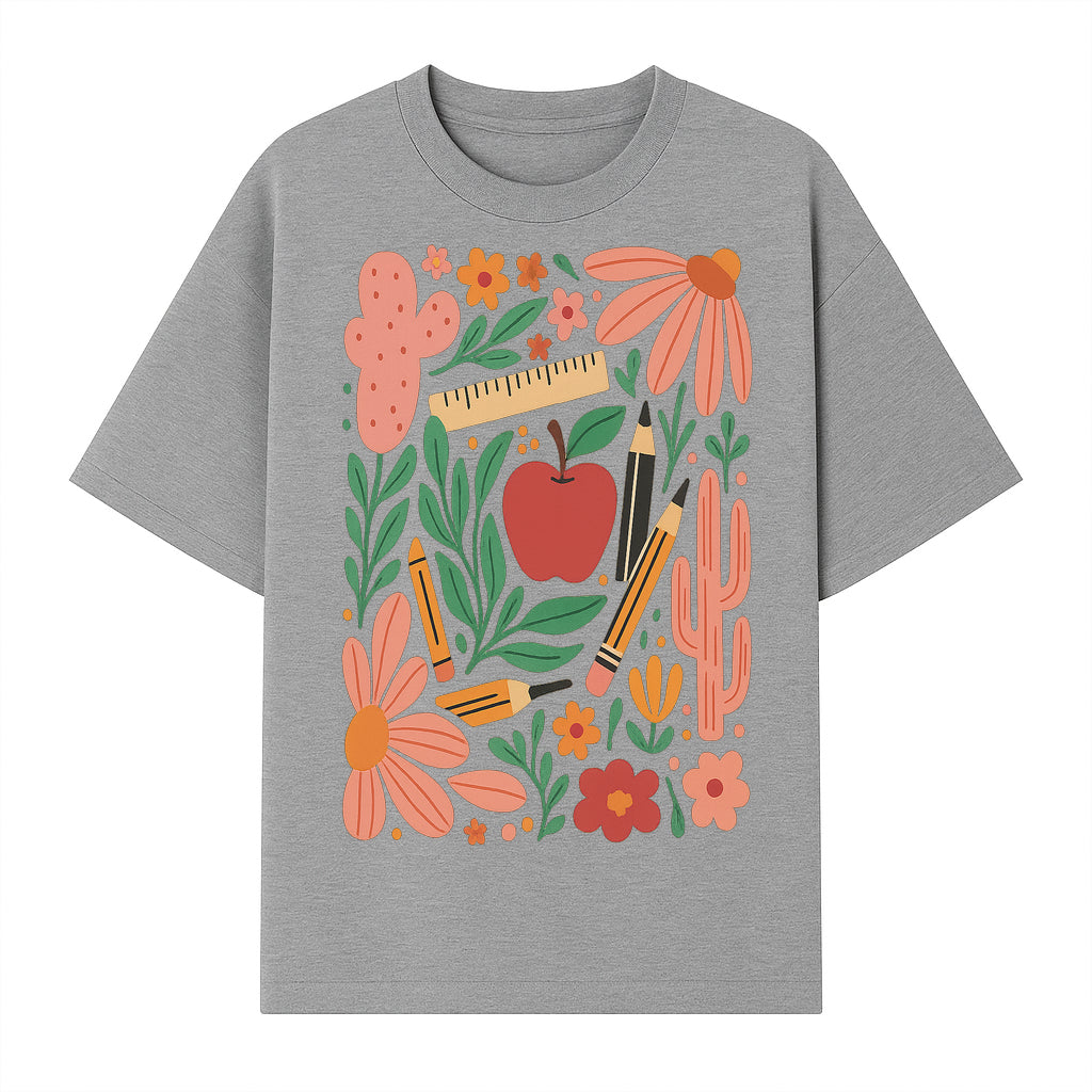 Back to School Art Print, Colorful Classroom Decor, Floral and Cactus Design, Apple, Pencils and Flowers, Nursery Wall Art - T-shirt 1758093365049.jpg