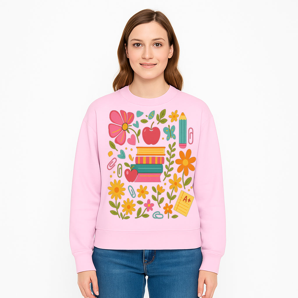 Colorful Back-to-School Illustration with Books, Flowers, and Apples, Perfect for Classroom Decor or Stationery - Sweatshirt 1758093365112.jpg