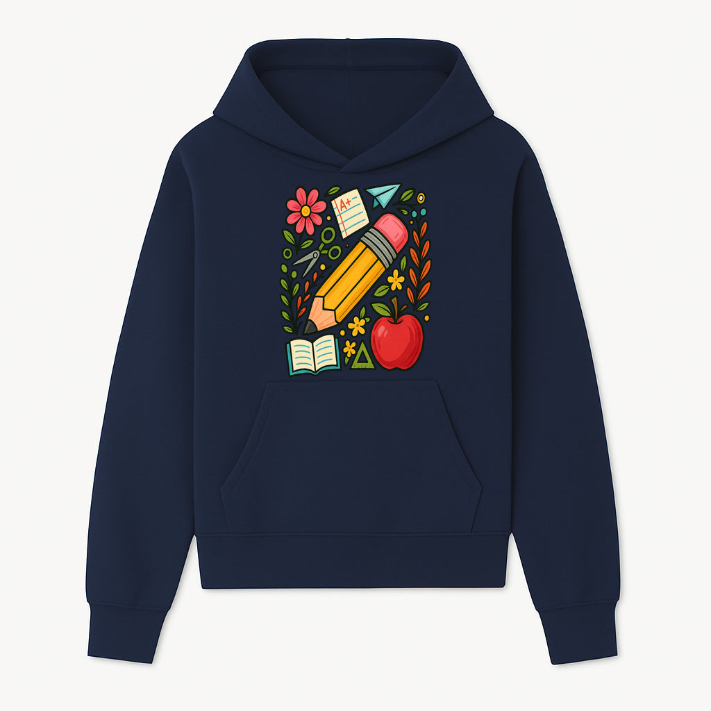 Colorful School Supplies Illustration Pencil, Apple, Flowers, Book and A+ Note Cute Educational Art Print for Classroom Decor - Hoodie 1758093365168.jpg