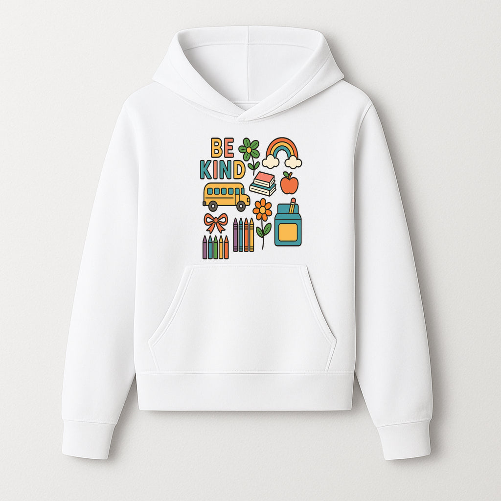 Be Kind Back to School Art Print with Rainbow, Flower, Bus, Crayons, Books, Apple - Classroom Decor for Kids - Hoodie 1758093365317.jpg