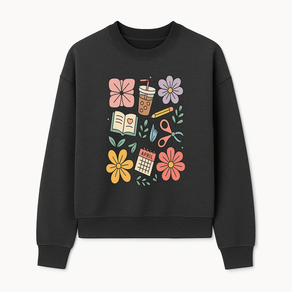 Colorful Spring Doodles Print - Flowers, Book, Scissors, Calendar - April Theme - Cute Stationery Decor - Wall Art for Home or Office - Sweatshirt 1758093365399.jpg