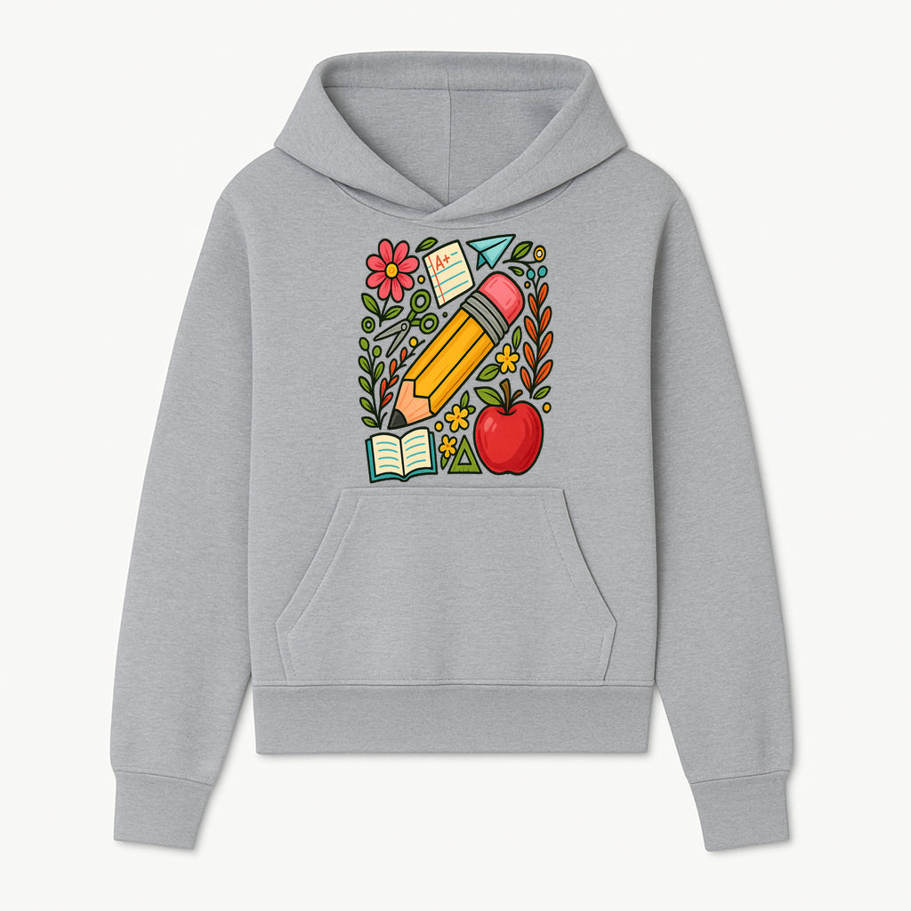 Colorful School Supplies Illustration Pencil, Apple, Flowers, Book and A+ Note Cute Educational Art Print for Classroom Decor - Hoodie 1758093365500.jpg