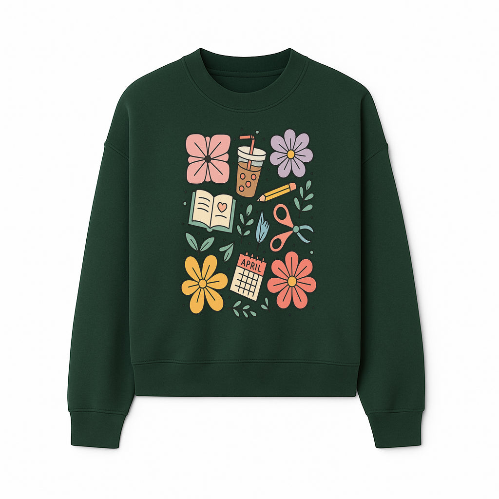 Colorful Spring Doodles Print - Flowers, Book, Scissors, Calendar - April Theme - Cute Stationery Decor - Wall Art for Home or Office - Sweatshirt 1758093365584.jpg