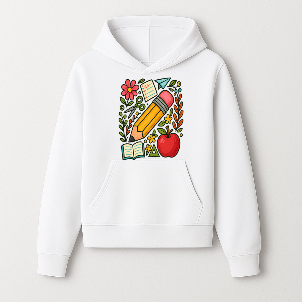 Colorful School Supplies Illustration Pencil, Apple, Flowers, Book and A+ Note Cute Educational Art Print for Classroom Decor - Hoodie 1758093365719.jpg