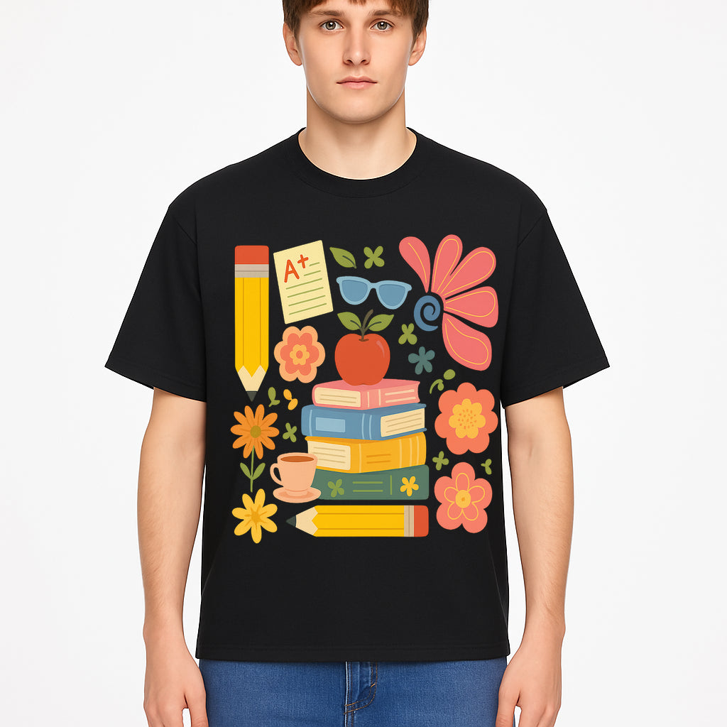 Back to School Art Print - Colorful Books, Apple, Pencils, Flowers, A+ Note - Classroom Decor, Study Zone, Education Gift - T-shirt 1758093365725.jpg