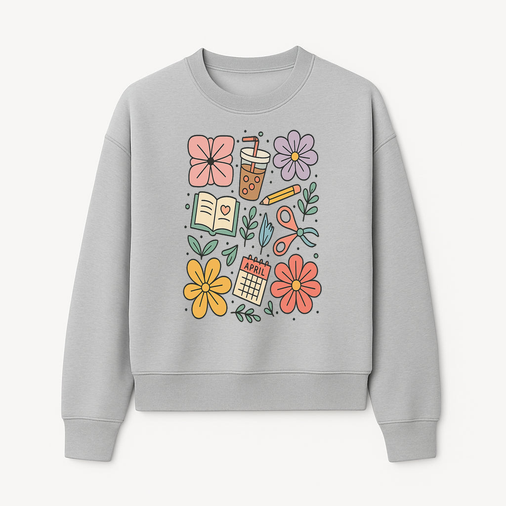 Colorful Spring Doodles Print - Flowers, Book, Scissors, Calendar - April Theme - Cute Stationery Decor - Wall Art for Home or Office - Sweatshirt 1758093365746.jpg