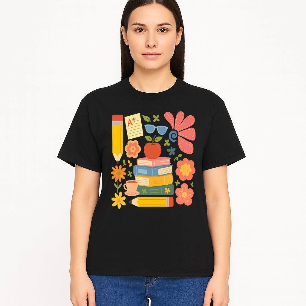 Back to School Art Print - Colorful Books, Apple, Pencils, Flowers, A+ Note - Classroom Decor, Study Zone, Education Gift - T-shirt 1758093365875.jpg