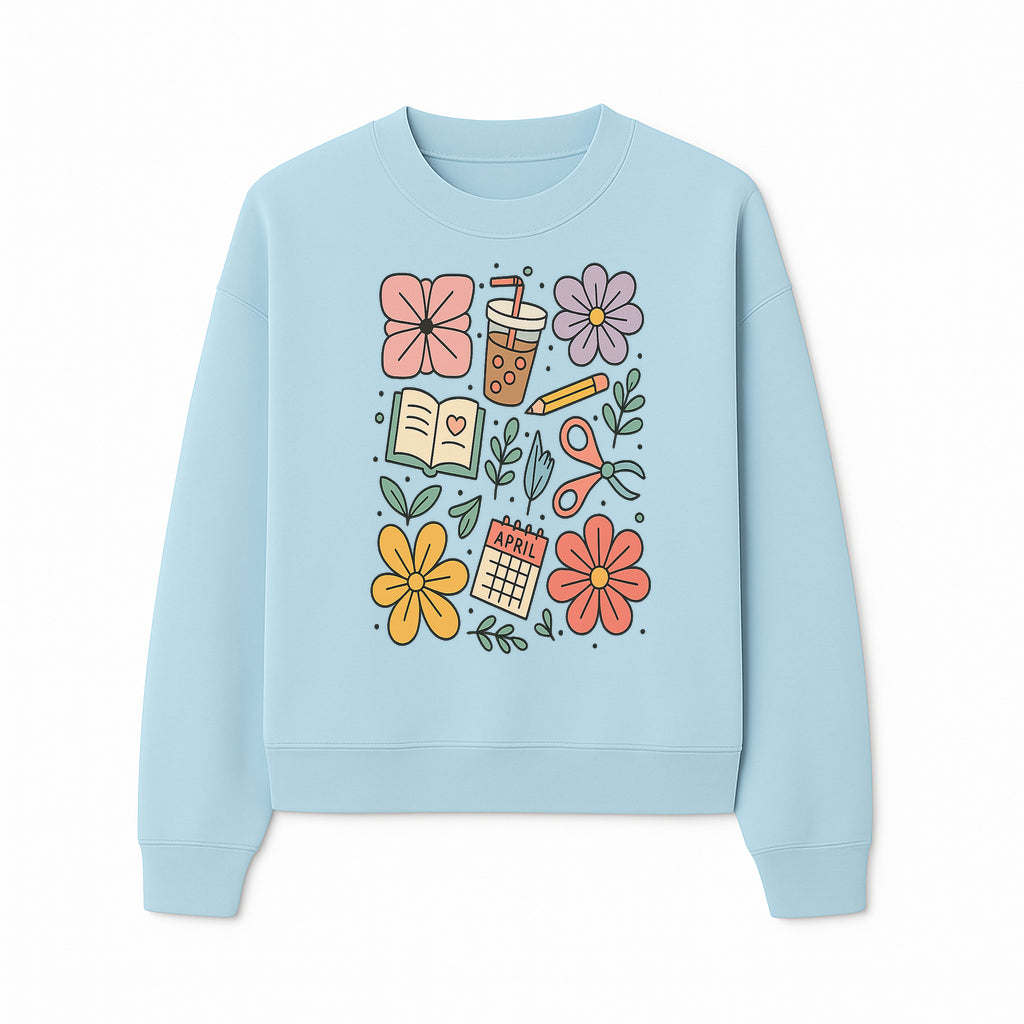 Colorful Spring Doodles Print - Flowers, Book, Scissors, Calendar - April Theme - Cute Stationery Decor - Wall Art for Home or Office - Sweatshirt 1758093365948.jpg