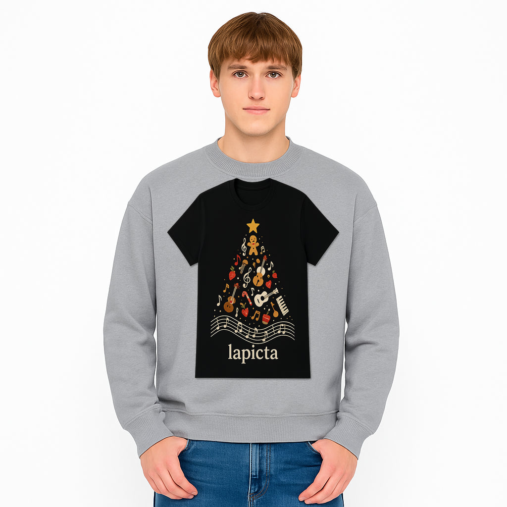 Music-Themed Christmas Tree T-Shirt, Musical Notes & Gingerbread Design, Holiday Apparel for Music Lovers, Casual Festive Tee - Sweatshirt 1758093365950.jpg