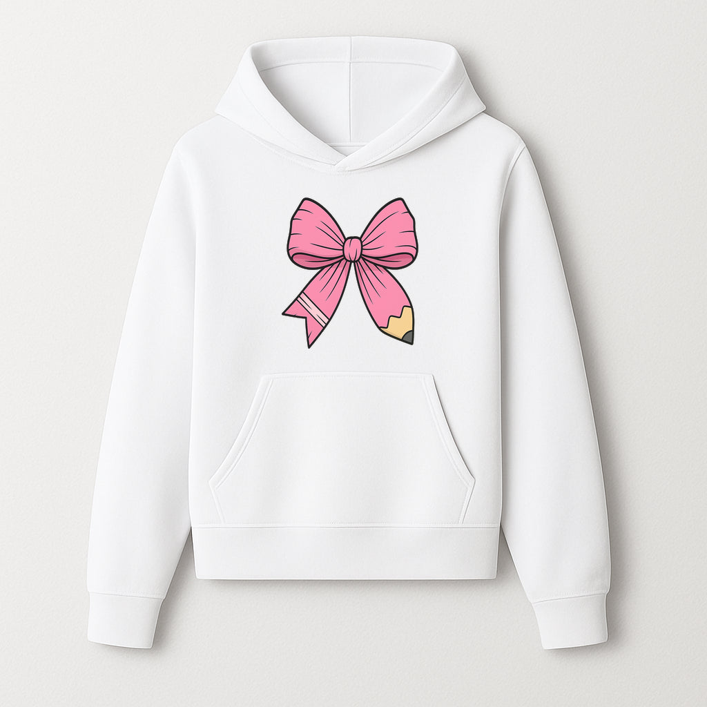 Pink Bow with Pencil Design, Cute Stationery Decor, Gift for Teachers, School Supplies, Arts and Crafts, Kawaii Aesthetic Accessories - Hoodie 1758093366037.jpg