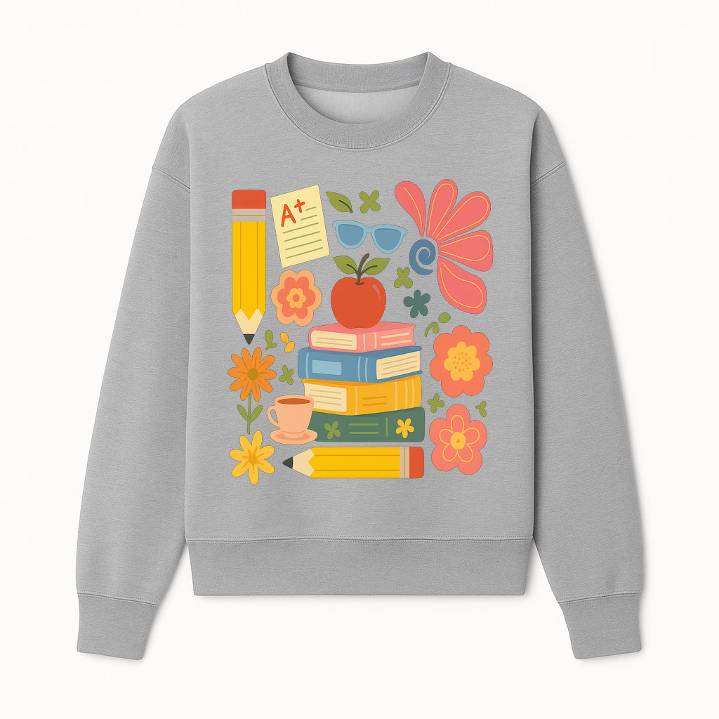 Back to School Art Print - Colorful Books, Apple, Pencils, Flowers, A+ Note - Classroom Decor, Study Zone, Education Gift - Sweatshirt 1758093366055.jpg