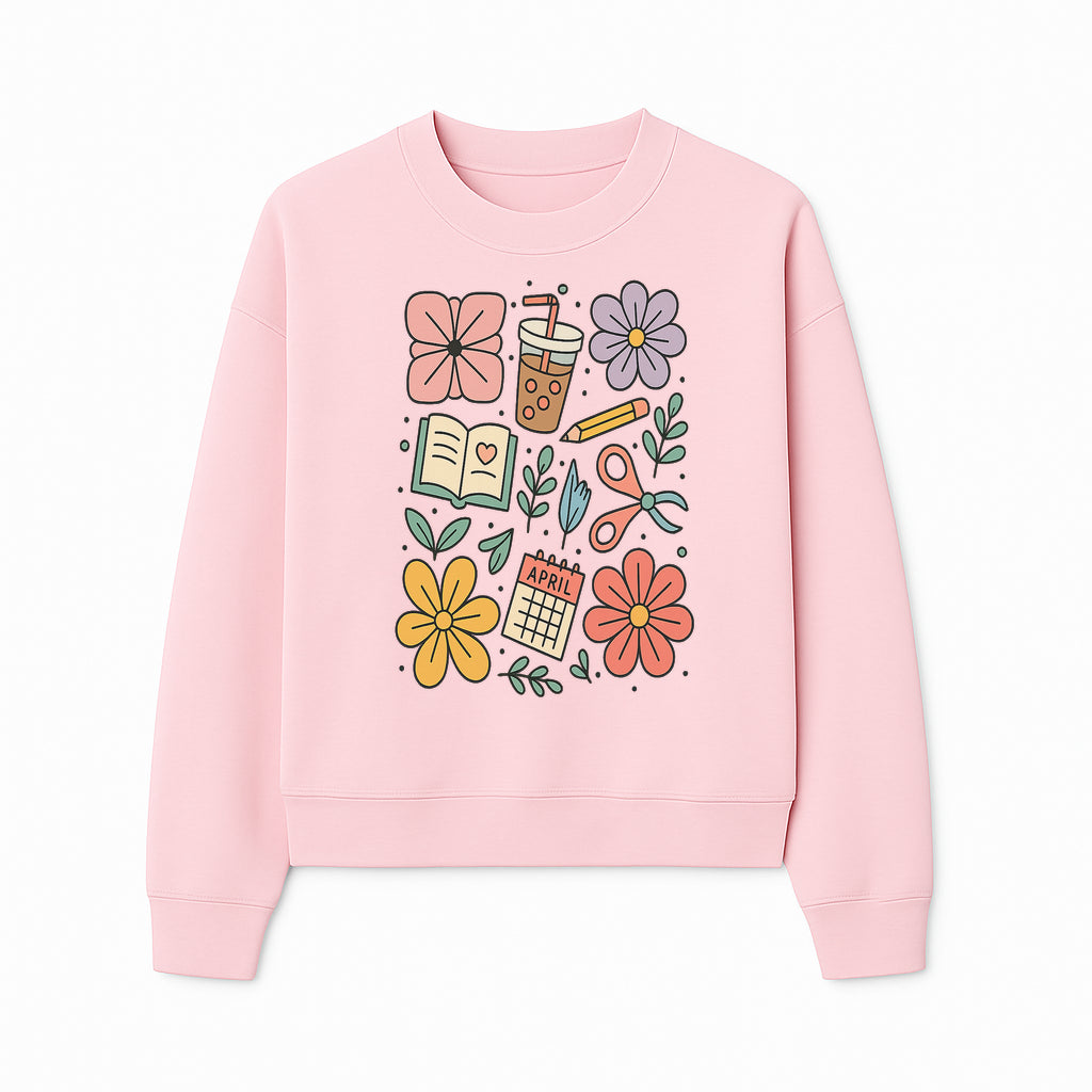 Colorful Spring Doodles Print - Flowers, Book, Scissors, Calendar - April Theme - Cute Stationery Decor - Wall Art for Home or Office - Sweatshirt 1758093366114.jpg