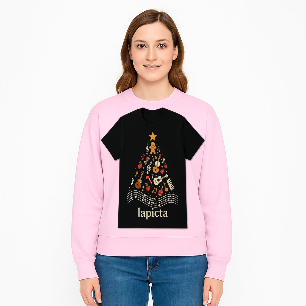 Music-Themed Christmas Tree T-Shirt, Musical Notes & Gingerbread Design, Holiday Apparel for Music Lovers, Casual Festive Tee - Sweatshirt 1758093366178.jpg