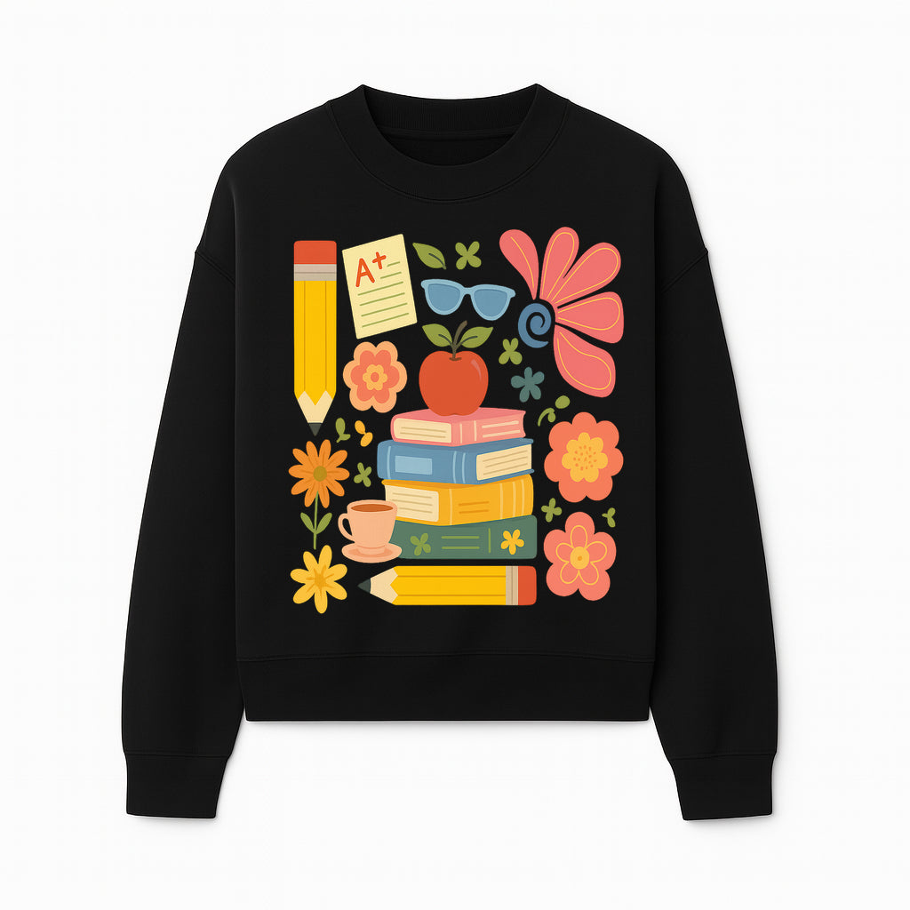 Back to School Art Print - Colorful Books, Apple, Pencils, Flowers, A+ Note - Classroom Decor, Study Zone, Education Gift - Sweatshirt 1758093366228.jpg