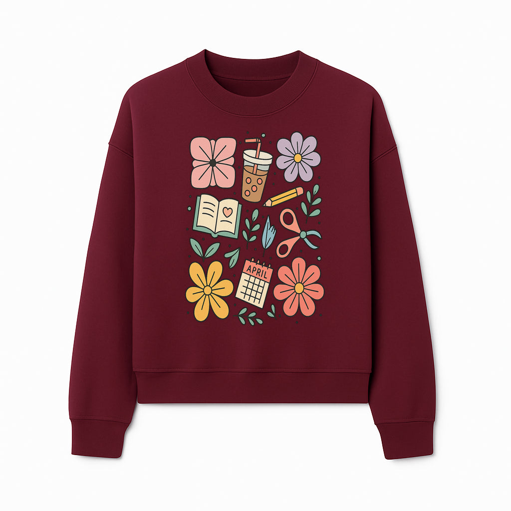 Colorful Spring Doodles Print - Flowers, Book, Scissors, Calendar - April Theme - Cute Stationery Decor - Wall Art for Home or Office - Sweatshirt 1758093366254.jpg