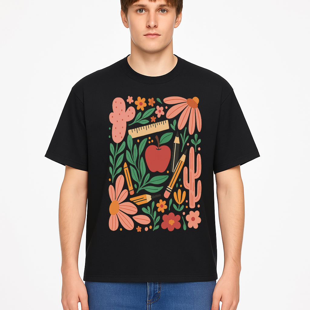 Back to School Art Print, Colorful Classroom Decor, Floral and Cactus Design, Apple, Pencils and Flowers, Nursery Wall Art - T-shirt 1758093366391.jpg