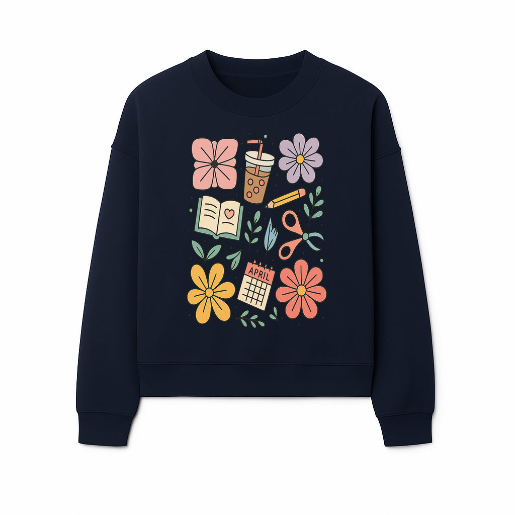 Colorful Spring Doodles Print - Flowers, Book, Scissors, Calendar - April Theme - Cute Stationery Decor - Wall Art for Home or Office - Sweatshirt 1758093366400.jpg