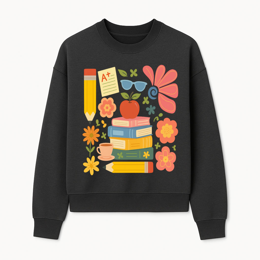 Back to School Art Print - Colorful Books, Apple, Pencils, Flowers, A+ Note - Classroom Decor, Study Zone, Education Gift - Sweatshirt 1758093366408.jpg