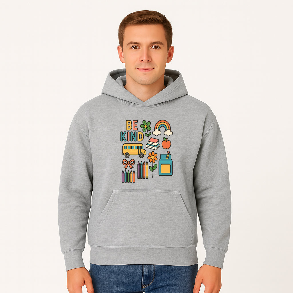 Be Kind Back to School Art Print with Rainbow, Flower, Bus, Crayons, Books, Apple - Classroom Decor for Kids - Hoodie 1758093366514.jpg