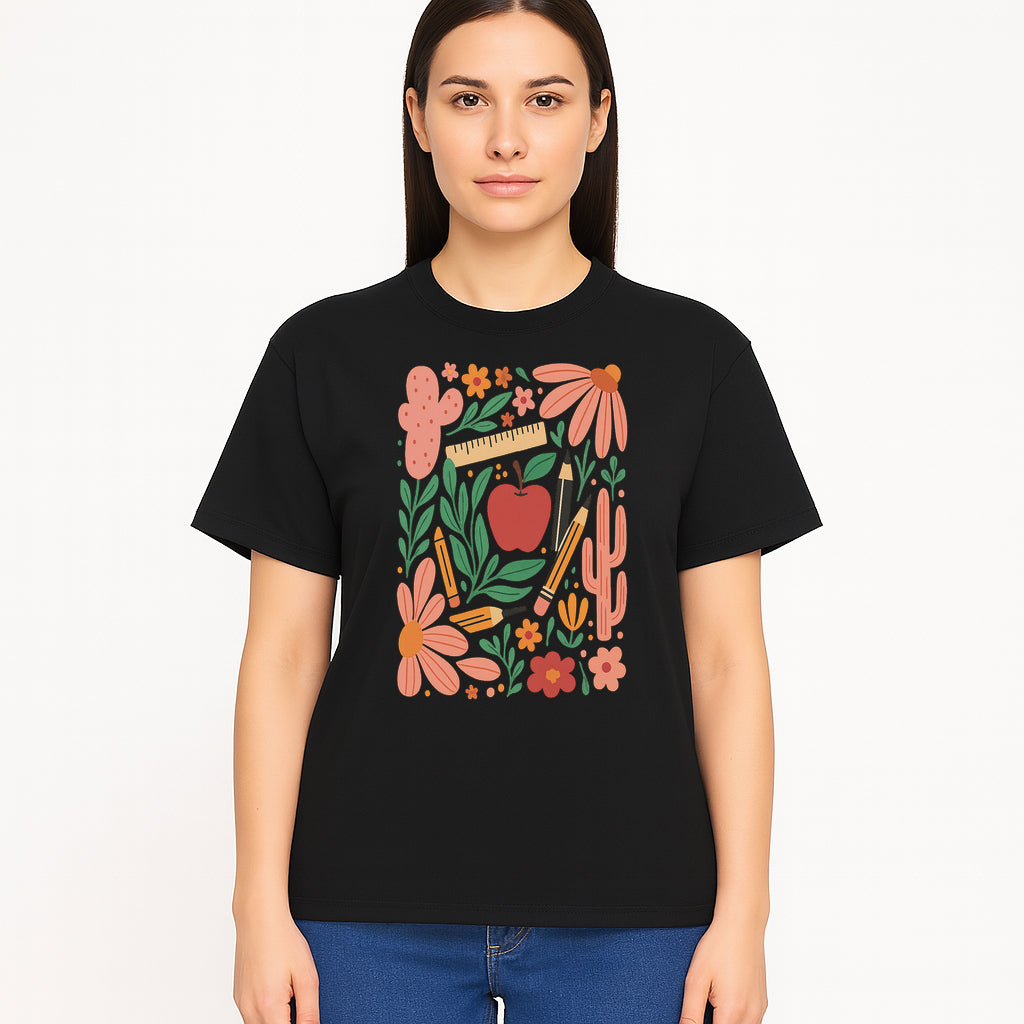 Back to School Art Print, Colorful Classroom Decor, Floral and Cactus Design, Apple, Pencils and Flowers, Nursery Wall Art - T-shirt 1758093366548.jpg