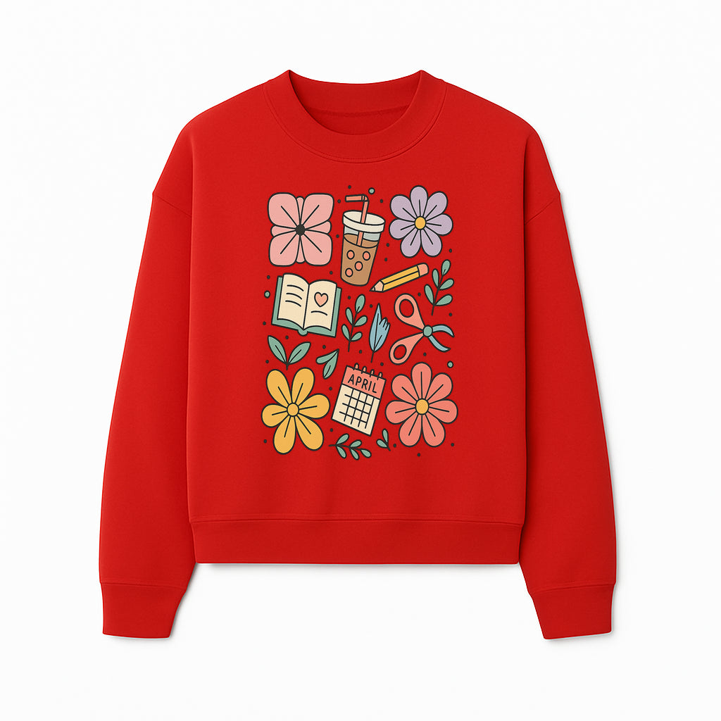 Colorful Spring Doodles Print - Flowers, Book, Scissors, Calendar - April Theme - Cute Stationery Decor - Wall Art for Home or Office - Sweatshirt 1758093366594.jpg