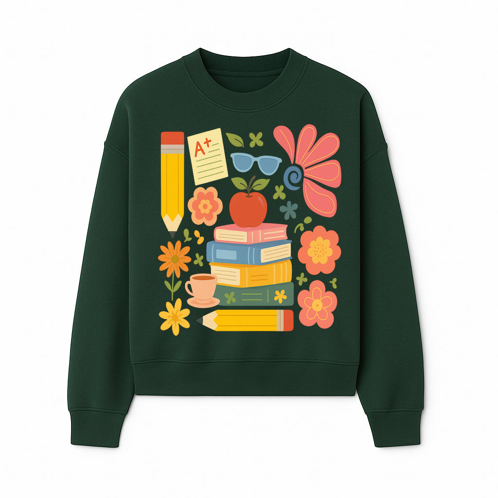 Back to School Art Print - Colorful Books, Apple, Pencils, Flowers, A+ Note - Classroom Decor, Study Zone, Education Gift - Sweatshirt 1758093366607.jpg