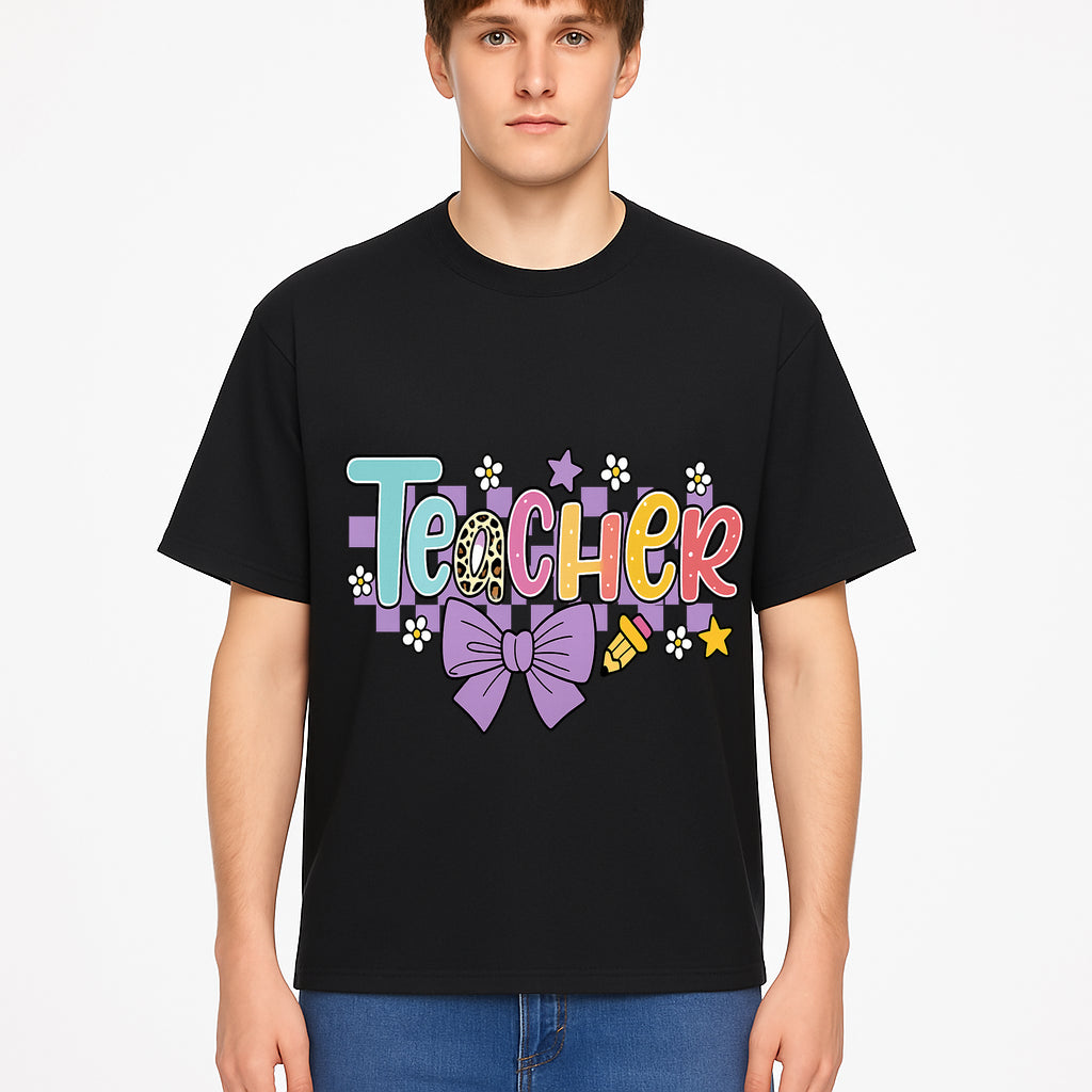 Colorful Teacher Design with Bow and Pencil - Cute Classroom Decor, Teacher Gifts, Back to School Supplies, Creative Educational Art - T-shirt 1758093366633.jpg