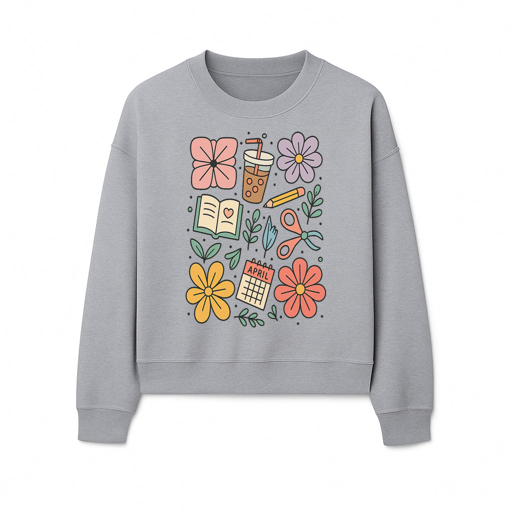 Colorful Spring Doodles Print - Flowers, Book, Scissors, Calendar - April Theme - Cute Stationery Decor - Wall Art for Home or Office - Sweatshirt 1758093366735.jpg