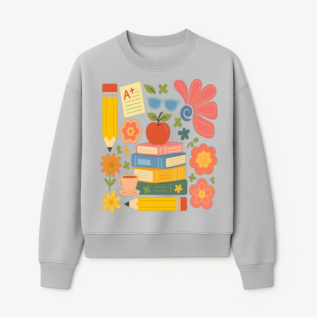 Back to School Art Print - Colorful Books, Apple, Pencils, Flowers, A+ Note - Classroom Decor, Study Zone, Education Gift - Sweatshirt 1758093366764.jpg