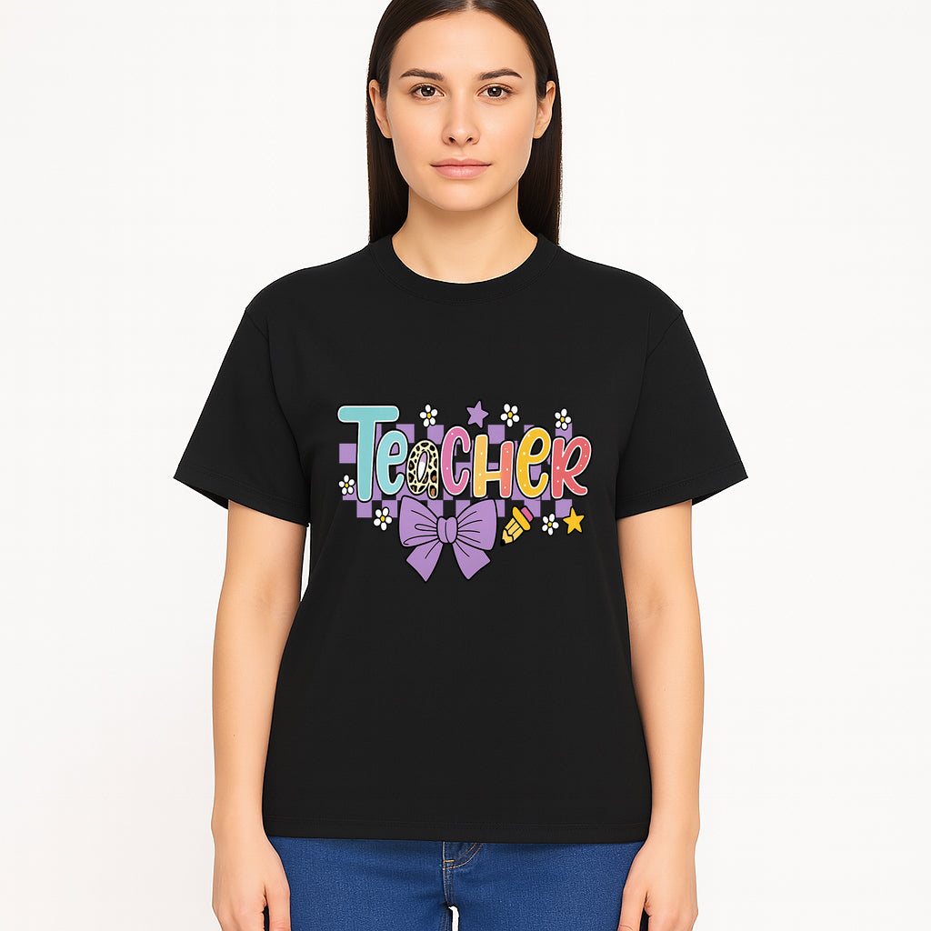 Colorful Teacher Design with Bow and Pencil - Cute Classroom Decor, Teacher Gifts, Back to School Supplies, Creative Educational Art - T-shirt 1758093366840.jpg