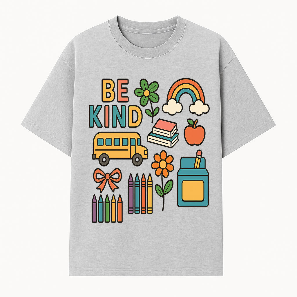 Be Kind Back to School Art Print with Rainbow, Flower, Bus, Crayons, Books, Apple - Classroom Decor for Kids - T-shirt 1758093366881.jpg