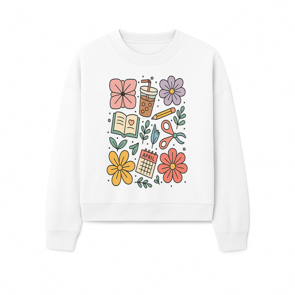 Colorful Spring Doodles Print - Flowers, Book, Scissors, Calendar - April Theme - Cute Stationery Decor - Wall Art for Home or Office - Sweatshirt 1758093366887.jpg
