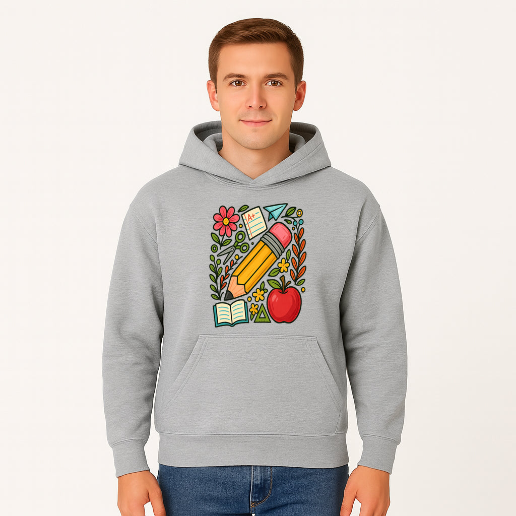 Colorful School Supplies Illustration Pencil, Apple, Flowers, Book and A+ Note Cute Educational Art Print for Classroom Decor - Hoodie 1758093366889.jpg