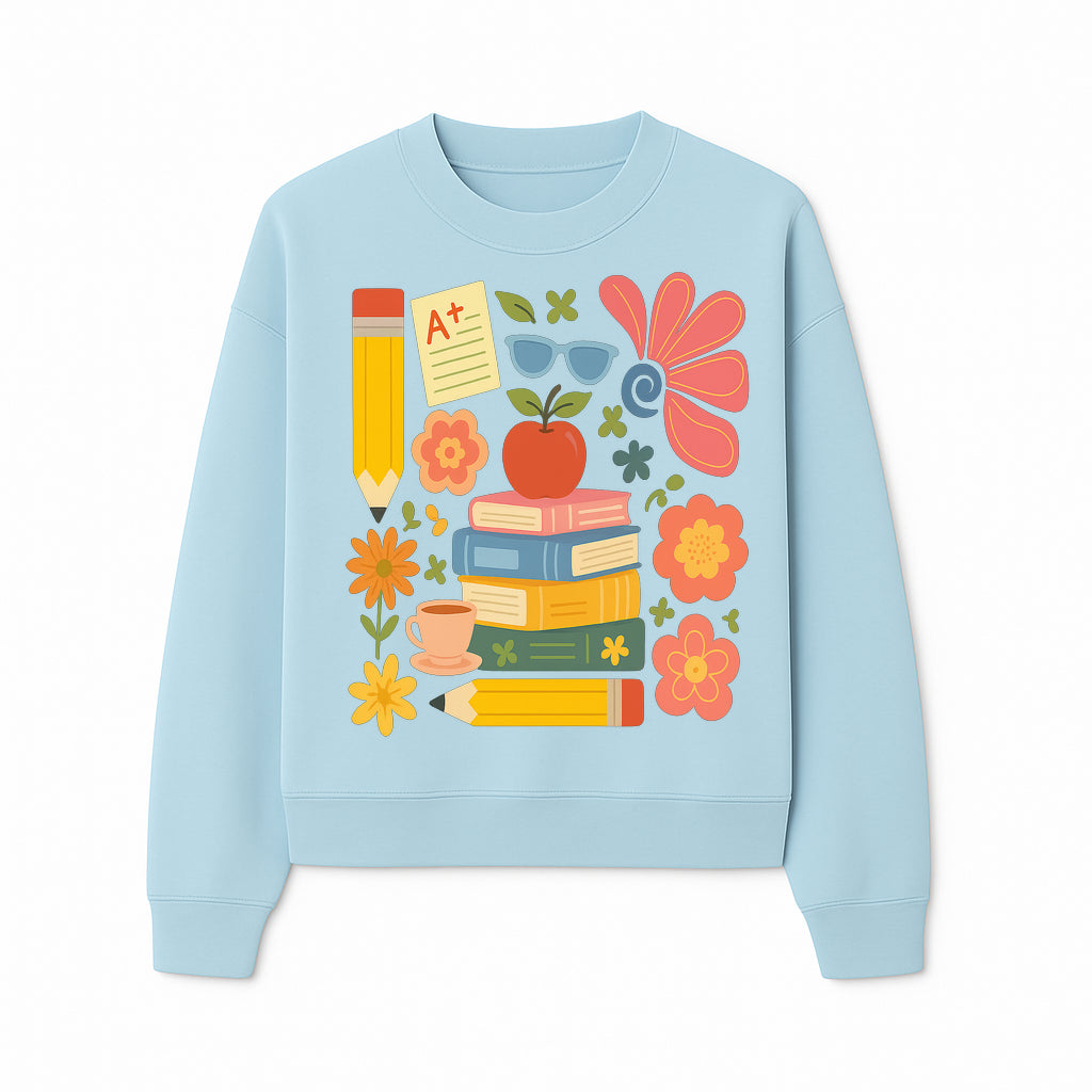 Back to School Art Print - Colorful Books, Apple, Pencils, Flowers, A+ Note - Classroom Decor, Study Zone, Education Gift - Sweatshirt 1758093366934.jpg