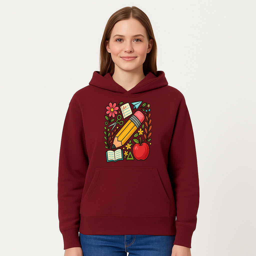 Colorful School Supplies Illustration Pencil, Apple, Flowers, Book and A+ Note Cute Educational Art Print for Classroom Decor - Hoodie 1758093367073.jpg