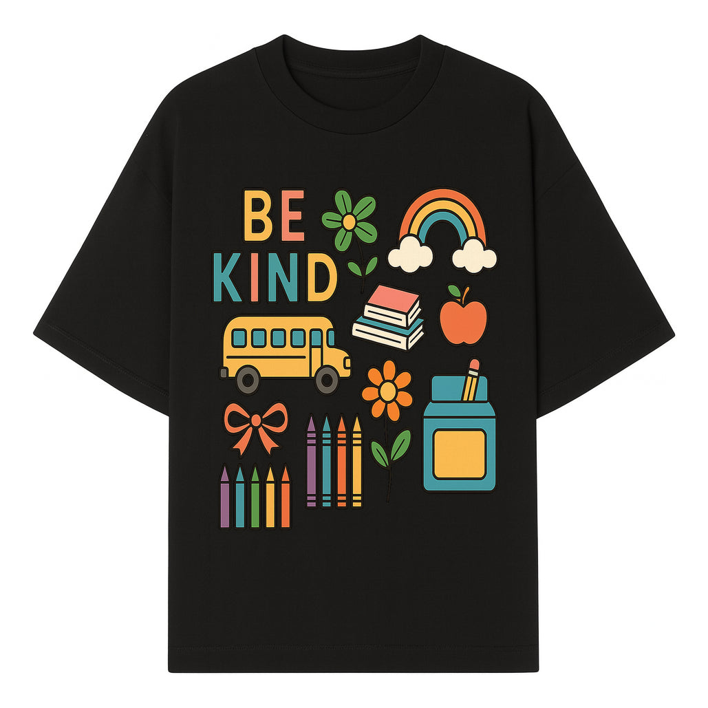 Be Kind Back to School Art Print with Rainbow, Flower, Bus, Crayons, Books, Apple - Classroom Decor for Kids - T-shirt 1758093367083.jpg
